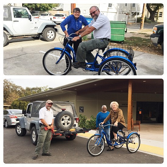 Top: Sister Libby Fernandez and Dave Davis ready the blue tricycle for transport to UUSS, October 2018. Rev. Lucy, Elaine, and Dave celebrate its arrival.