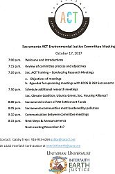 Agenda for 10/17,  7:00 - 8:30 p.m. Sac ACT Environmental Justice Committee Meeting hosted by UUSS